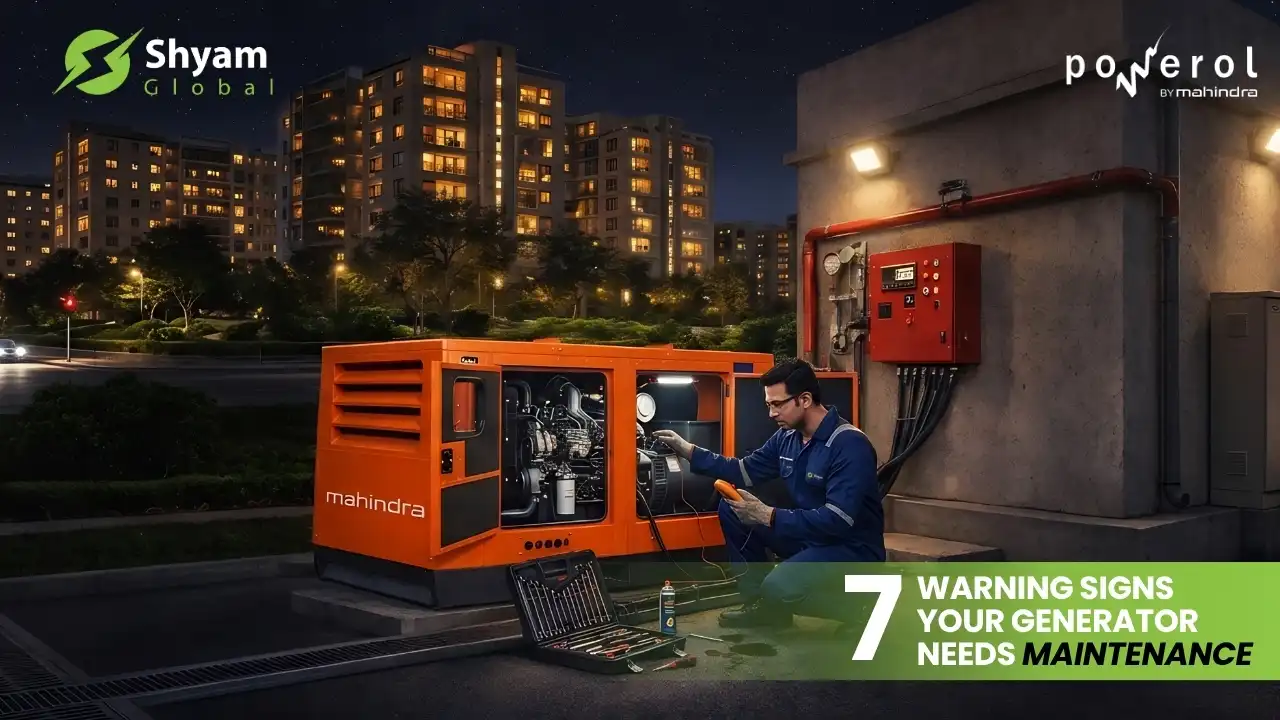Technician performing maintenance on a Mahindra Powerol diesel generator at night with 7 warning signs text overlay